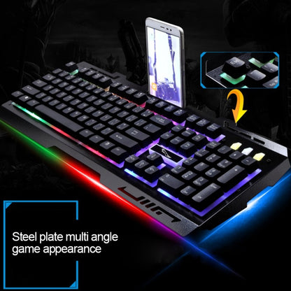 ZGB G700 104 คีย์ USB แบบมีสายกลรู้สึกเรืองแสงแผงโลหะระงับการเล่นเกม คีย์บอร์ด พร้อมที่วางโทรศัพท์
