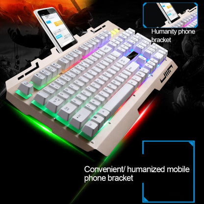 ZGB G700 104 คีย์ USB แบบมีสายกลรู้สึกเรืองแสงแผงโลหะระงับการเล่นเกม คีย์บอร์ด พร้อมที่วางโทรศัพท์