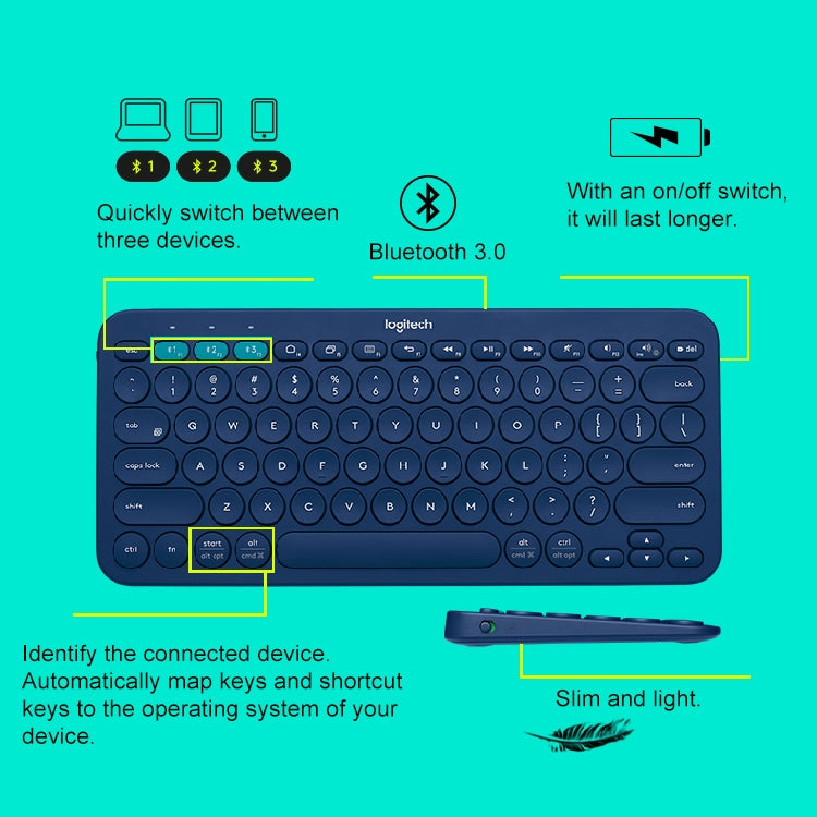คีย์บอร์ด Bluetooth ไร้สายแบบพกพาหลายอุปกรณ์ Logitech K380, K380