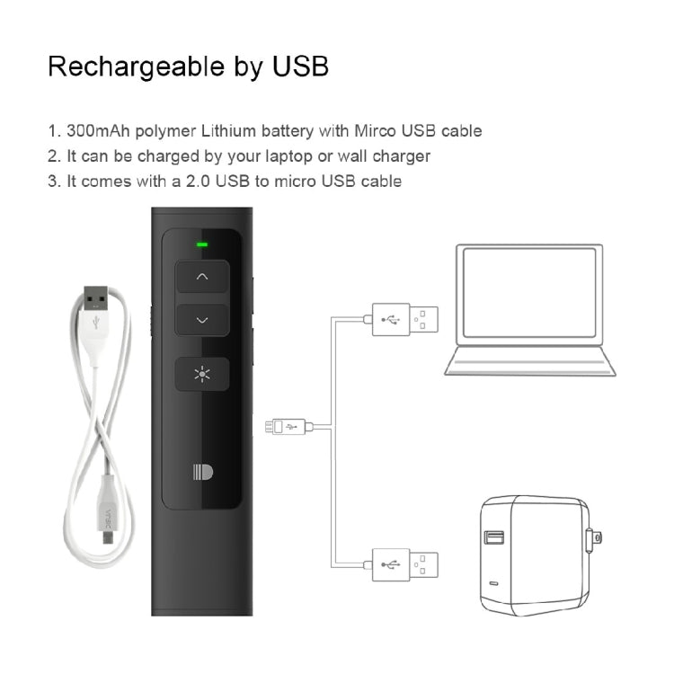 Doosl DSIT013 การนำเสนอ PowerPoint แบบชาร์จไฟได้ 2.4GHz รีโมทคอนโทรลตัวชี้เลเซอร์อเนกประสงค์สำหรับ PowerPoint / Keynote / Prezi ระยะควบคุม: 100 ม.