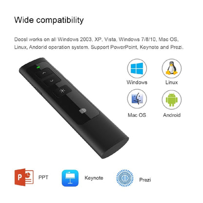 Doosl DSIT013 การนำเสนอ PowerPoint แบบชาร์จไฟได้ 2.4GHz รีโมทคอนโทรลตัวชี้เลเซอร์อเนกประสงค์สำหรับ PowerPoint / Keynote / Prezi ระยะควบคุม: 100 ม.