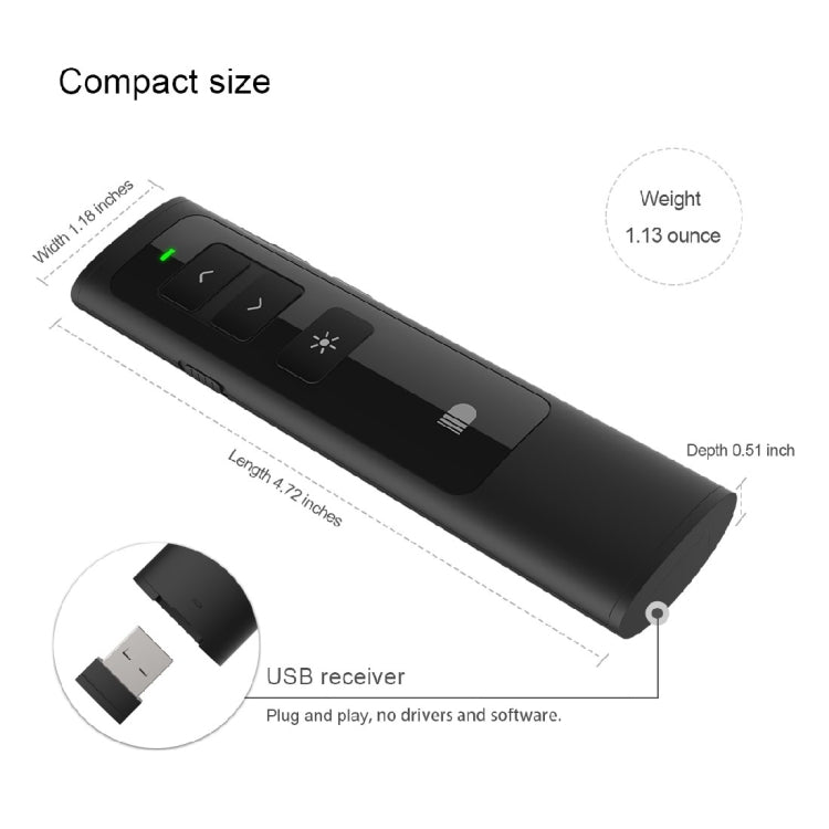 Doosl DSIT013 การนำเสนอ PowerPoint แบบชาร์จไฟได้ 2.4GHz รีโมทคอนโทรลตัวชี้เลเซอร์อเนกประสงค์สำหรับ PowerPoint / Keynote / Prezi ระยะควบคุม: 100 ม.