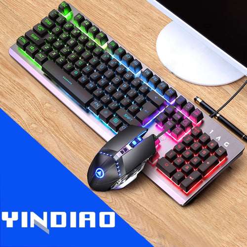YINDIAO K002 USB แบบมีสายคีย์บอร์ด RGB Backlight + Optical Silent Mouse ชุด, RGB Backlight / Silent / Black, RGB Backlight / White