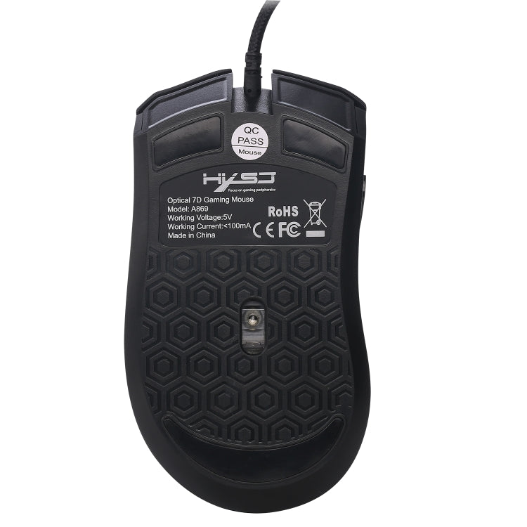 HXSJ A869 เกมแบบมีสายเรืองแสงสีสันสดใส 7 ปุ่ม 3200 DPI ออปติคอลที่ปรับได้ตามหลักสรีรศาสตร์, A869