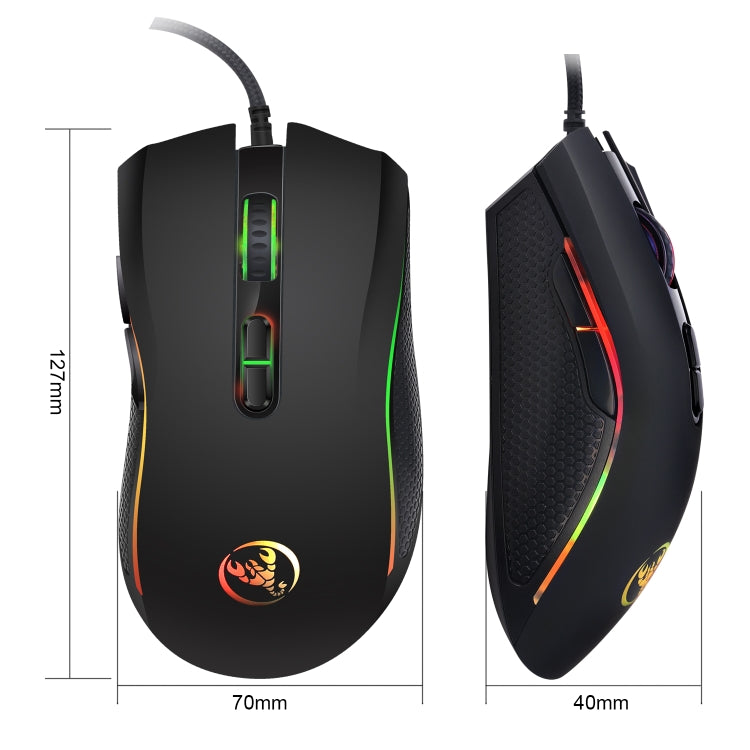 HXSJ A869 เกมแบบมีสายเรืองแสงสีสันสดใส 7 ปุ่ม 3200 DPI ออปติคอลที่ปรับได้ตามหลักสรีรศาสตร์, A869