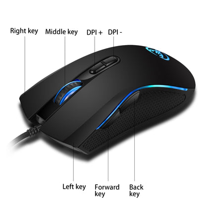 HXSJ A869 เกมแบบมีสายเรืองแสงสีสันสดใส 7 ปุ่ม 3200 DPI ออปติคอลที่ปรับได้ตามหลักสรีรศาสตร์, A869