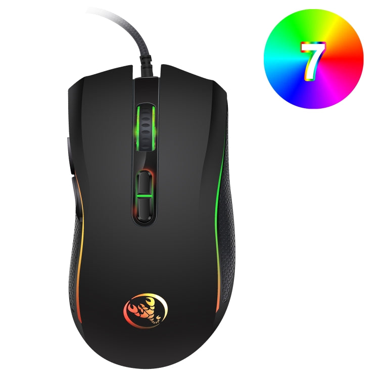 HXSJ A869 เกมแบบมีสายเรืองแสงสีสันสดใส 7 ปุ่ม 3200 DPI ออปติคอลที่ปรับได้ตามหลักสรีรศาสตร์, A869