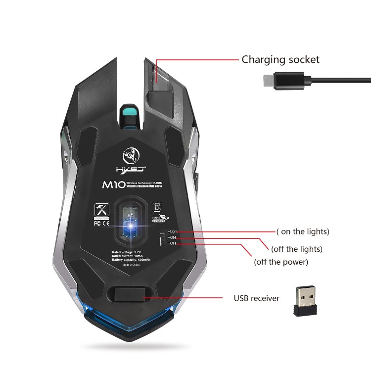 HXSJ M10 2.4GHz 6 ปุ่ม USB ชาร์จแสงสีสันตามหลักสรีรศาสตร์ 2400DPI เมาส์สำหรับเล่นเกมไร้สายสำหรับเดสก์ท็อปคอมพิวเตอร์, M10