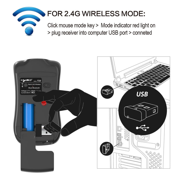 HXSJ T23 บลูทูธ 5.0 + บลูทูธ 3.0 + 2.4GHzไร้สายสามโหมด 4 ปุ่ม 1600 DPIปรับErgonomics Optical Mouse, T23 Black