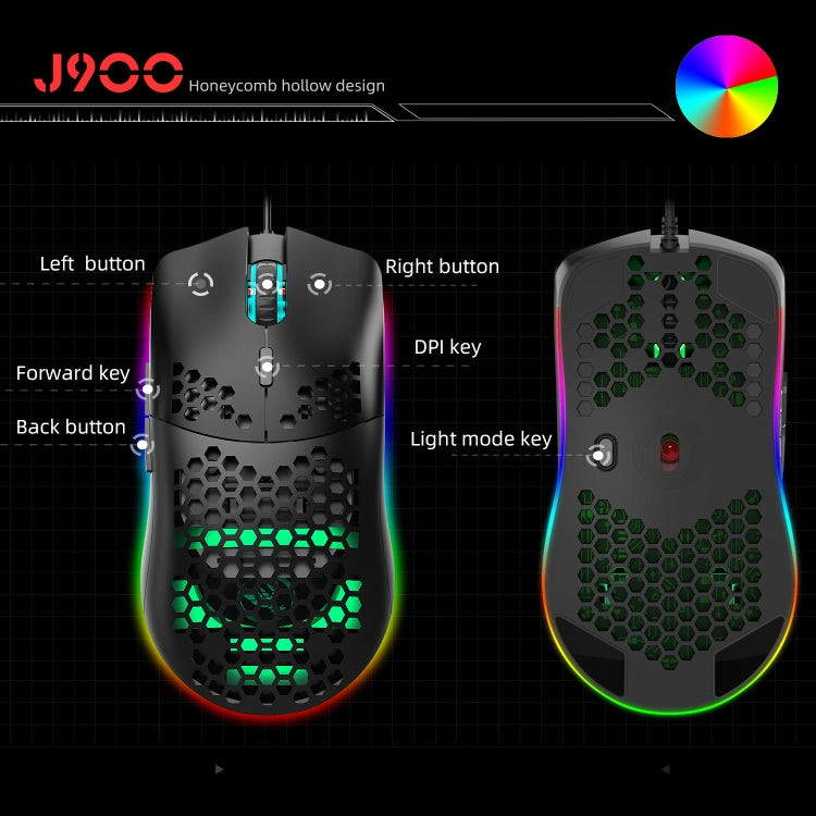 HXSJ J900 6 คีย์ RGB Lighting เมาส์แบบมีสายสำหรับเล่นเกมแบบตั้งโปรแกรมได้ (สีขาว), J900(Black), J900(White)