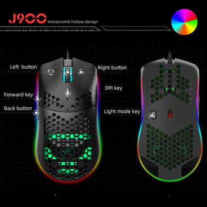 HXSJ J900 6 คีย์ RGB Lighting เมาส์แบบมีสายสำหรับเล่นเกมแบบตั้งโปรแกรมได้ (สีขาว), J900(Black), J900(White)