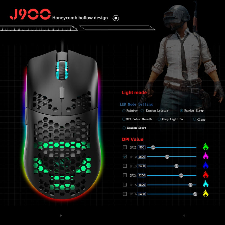 HXSJ J900 6 คีย์ RGB Lighting เมาส์แบบมีสายสำหรับเล่นเกมแบบตั้งโปรแกรมได้ (สีขาว), J900(Black), J900(White)