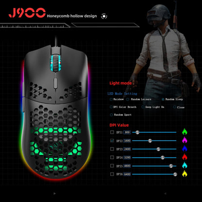 HXSJ J900 6 คีย์ RGB Lighting เมาส์แบบมีสายสำหรับเล่นเกมแบบตั้งโปรแกรมได้ (สีขาว), J900(Black), J900(White)