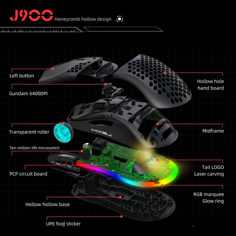 HXSJ J900 6 คีย์ RGB Lighting เมาส์แบบมีสายสำหรับเล่นเกมแบบตั้งโปรแกรมได้ (สีขาว), J900(Black), J900(White)