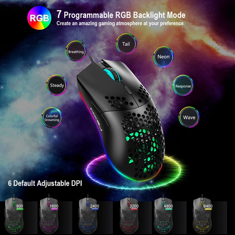 HXSJ J900 6 คีย์ RGB Lighting เมาส์แบบมีสายสำหรับเล่นเกมแบบตั้งโปรแกรมได้ (สีขาว), J900(Black), J900(White)