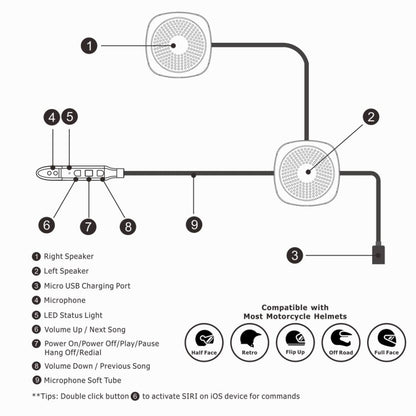 T2 Bluetooth V5.0 ชุดหูฟังติดหมวกกันน็อค 5V สำหรับการขับขี่รถจักรยานยนต์พร้อมไมโครโฟนป้องกันการรบกวน