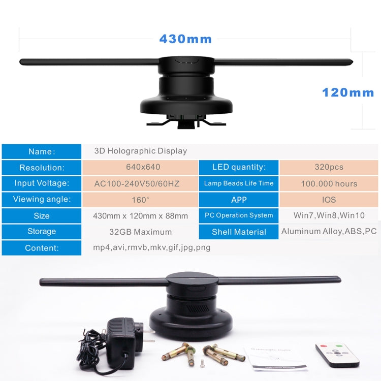 จอแสดงผลโฮโลแกรม 3 มิติเส้นผ่านศูนย์กลาง 42 ซม., การควบคุมแอพ WiFi, ความละเอียด 640 x 640 พิกเซล 320 LEDs ป้ายโฆษณา, รองรับการ์ด Micro SD, 42cm Wifi