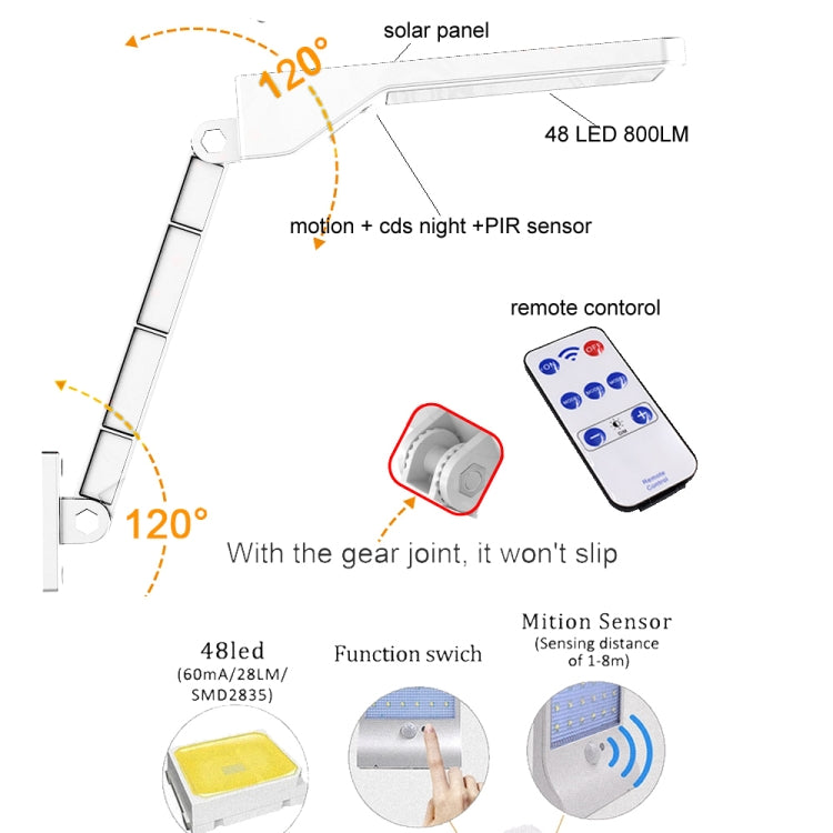 6W 800LM 48 LEDs โคมไฟรีโมตคอนโทรลพลังงานแสงอาทิตย์พร้อมขายึด