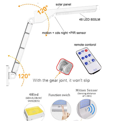 6W 800LM 48 LEDs โคมไฟรีโมตคอนโทรลพลังงานแสงอาทิตย์พร้อมขายึด