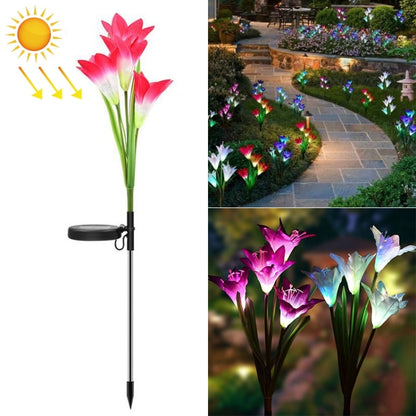 ดอกลิลลี่จำลอง 4 หัวพลังงานแสงอาทิตย์กลางแจ้ง IP55 กันน้ำ LED โคมไฟสนามหญ้าตกแต่ง, แสงสีขาว, White Light