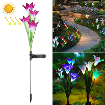 ดอกลิลลี่จำลอง 4 หัวพลังงานแสงอาทิตย์กลางแจ้ง IP55 กันน้ำ LED โคมไฟสนามหญ้าตกแต่ง, แสงสีขาว, White Light