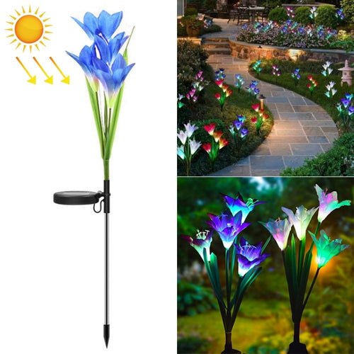 ดอกลิลลี่จำลอง 4 หัวพลังงานแสงอาทิตย์กลางแจ้ง IP55 กันน้ำ LED โคมไฟสนามหญ้าตกแต่ง, แสงสีสันสดใส, Colorful Light