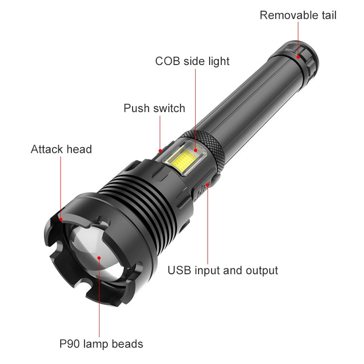 การชาร์จ Micro USB แบบยาวกันน้ำกลางแจ้ง P90 + COB ไฟฉาย LED, รองรับการแสดงผลพลังงานและการโฟกัสแบบยืดไสลด์และการปรับความสว่าง 7 ระดับ, P90