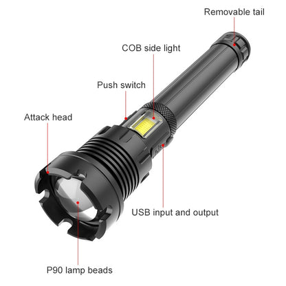 การชาร์จ Micro USB แบบยาวกันน้ำกลางแจ้ง P90 + COB ไฟฉาย LED, รองรับการแสดงผลพลังงานและการโฟกัสแบบยืดไสลด์และการปรับความสว่าง 7 ระดับ, P90
