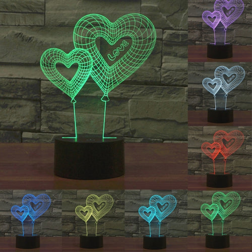 7 สีเปลี่ยนสี Creative Visual สเตอริโอโคมไฟโคมไฟตั้งโต๊ะ Night Light, Double Heart Balloon Style