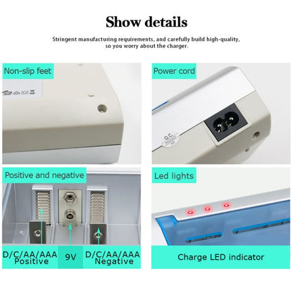 เครื่องชาร์จแบตเตอรี่ AC 100-240V 4 ช่องสำหรับแบตเตอรี่ขนาด AA และ AAA และ C / D, ปลั๊ก US