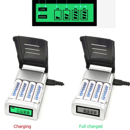 เครื่องชาร์จแบตเตอรี่ AC 100-240V 4 ช่องสำหรับแบตเตอรี่ AA และ AAA พร้อมจอแสดงผล LCD ปลั๊ก EU