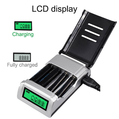 เครื่องชาร์จแบตเตอรี่ AC 100-240V 4 ช่องสำหรับแบตเตอรี่ AA และ AAA พร้อมจอแสดงผล LCD ปลั๊ก EU