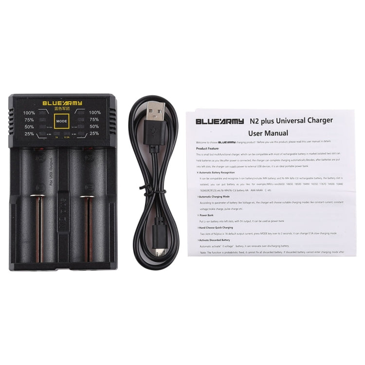 เครื่องชาร์จแบตเตอรี่อัจฉริยะ Micro USB N2 PLUS พร้อมไฟแสดงสถานะสำหรับแบตเตอรี่ 26650, 18650,18500, 14500, 16340(RCR123) IMR / Li-on หรือแบตเตอรี่ AA, AAA, AAAA, C Ni-MH / Ni-Cd