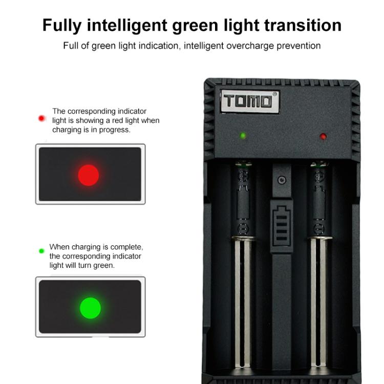 TOMO V6-2 USB เครื่องชาร์จแบตเตอรี่อัจฉริยะพร้อมไฟแสดงสถานะสำหรับแบตเตอรี่ Li-ion 18650 / 18500 / 17650 / 16340 / 14500 / 10500 / แบตเตอรี่ AA / AAA, TOMO V6-2