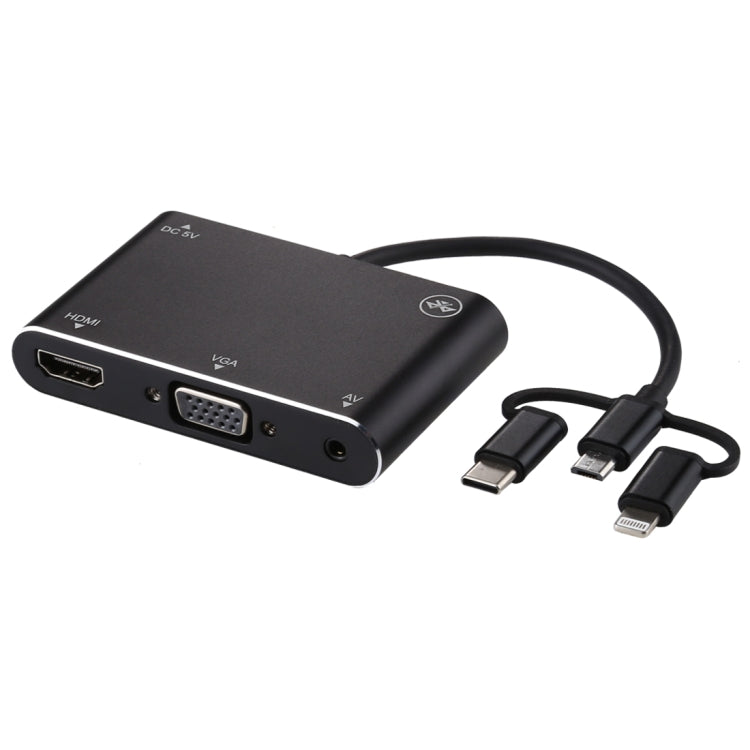 3 in 1 8 Pin + Micro USB + Type-C เป็น AV + HDMI + VGA 15 Pin HD หน้าจอเครื่องเล่นอะแดปเตอร์แปลงพร้อมเสียง