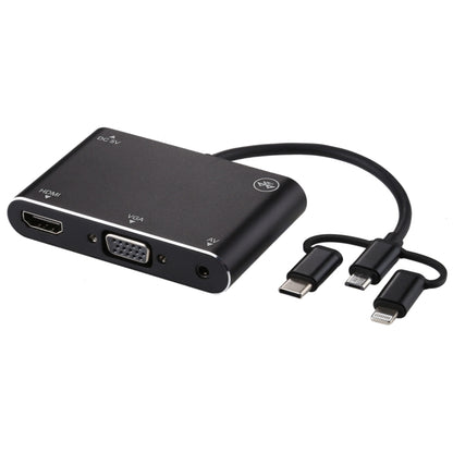 3 in 1 8 Pin + Micro USB + Type-C เป็น AV + HDMI + VGA 15 Pin HD หน้าจอเครื่องเล่นอะแดปเตอร์แปลงพร้อมเสียง