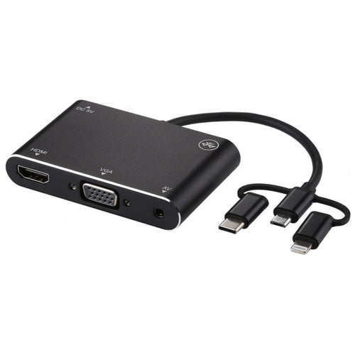 3 in 1 8 Pin + Micro USB + Type-C เป็น AV + HDMI + VGA 15 Pin HD หน้าจอเครื่องเล่นอะแดปเตอร์แปลงพร้อมเสียง