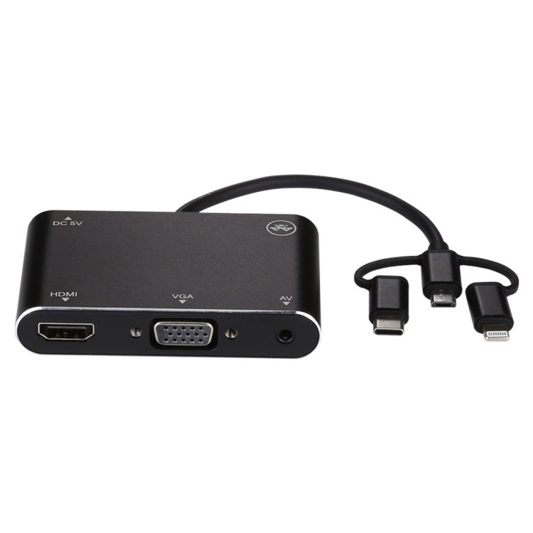 3 in 1 8 Pin + Micro USB + Type-C เป็น AV + HDMI + VGA 15 Pin HD หน้าจอเครื่องเล่นอะแดปเตอร์แปลงพร้อมเสียง