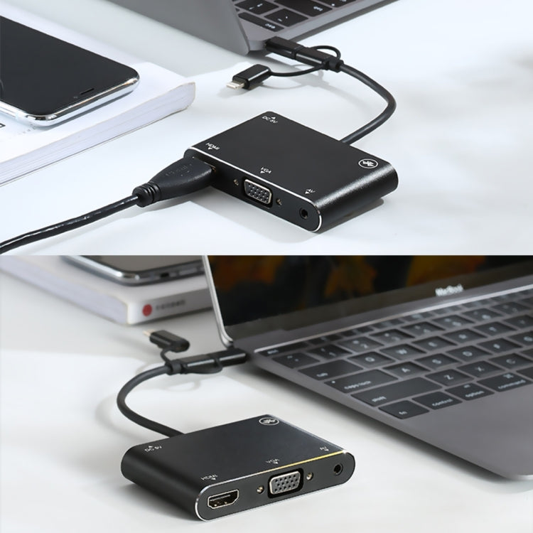 3 in 1 8 Pin + Micro USB + Type-C เป็น AV + HDMI + VGA 15 Pin HD หน้าจอเครื่องเล่นอะแดปเตอร์แปลงพร้อมเสียง