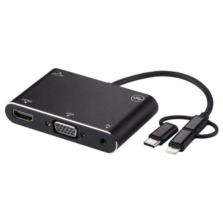 3 in 1 8 Pin + Micro USB + Type-C เป็น AV + HDMI + VGA 15 Pin HD หน้าจอเครื่องเล่นอะแดปเตอร์แปลงพร้อมเสียง