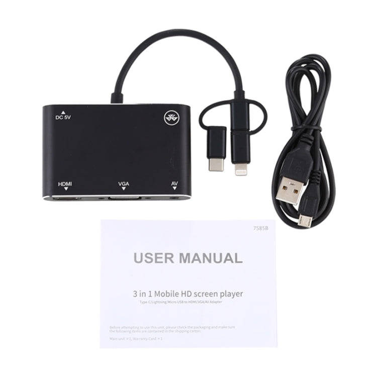 3 in 1 8 Pin + Micro USB + Type-C เป็น AV + HDMI + VGA 15 Pin HD หน้าจอเครื่องเล่นอะแดปเตอร์แปลงพร้อมเสียง