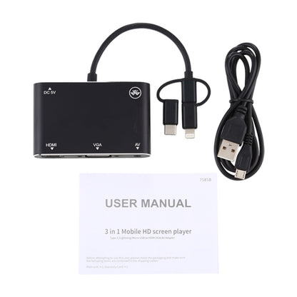 3 in 1 8 Pin + Micro USB + Type-C เป็น AV + HDMI + VGA 15 Pin HD หน้าจอเครื่องเล่นอะแดปเตอร์แปลงพร้อมเสียง
