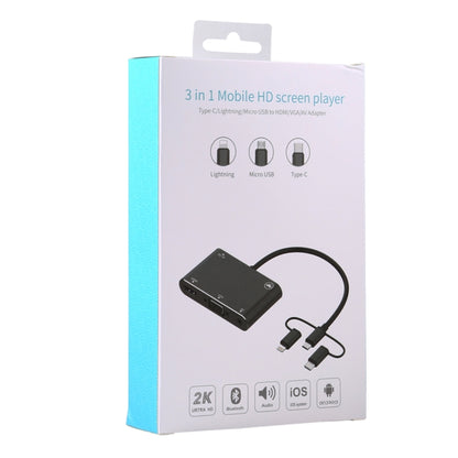 3 in 1 8 Pin + Micro USB + Type-C เป็น AV + HDMI + VGA 15 Pin HD หน้าจอเครื่องเล่นอะแดปเตอร์แปลงพร้อมเสียง