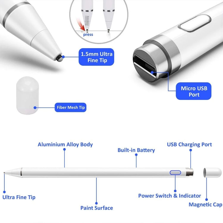 ปากกาสไตลัสแบบ Active Capacitive แบบชาร์จได้อเนกประสงค์แบบดินสอพร้อมฝาแม่เหล็ก, Pencil Black, Pencil White