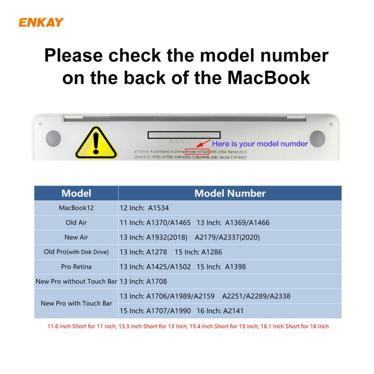 ENKAY TPU Keyboard Protector Cover สำหรับ MacBook Pro 13.3 นิ้ว A1706 / A1989 / A2159 และ Pro 15.4 นิ้ว A1707 / A1990 (พร้อมแถบสัมผัส) เวอร์ชันอเมริกา