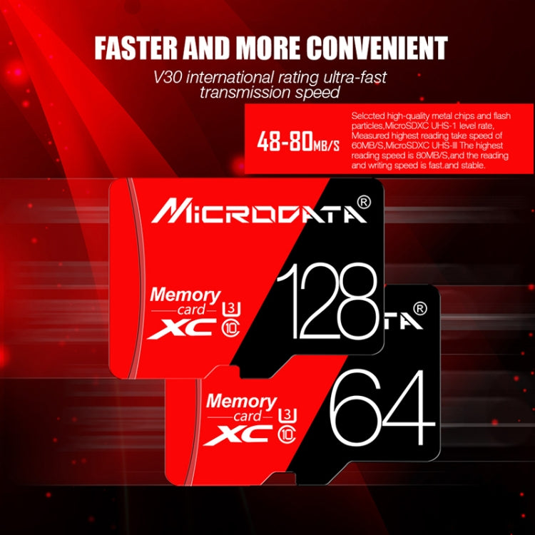 MICRODATA 64GB ความเร็วสูง U3 การ์ดหน่วยความจำ TF (Micro SD) สีแดงและสีดำ, 64GB