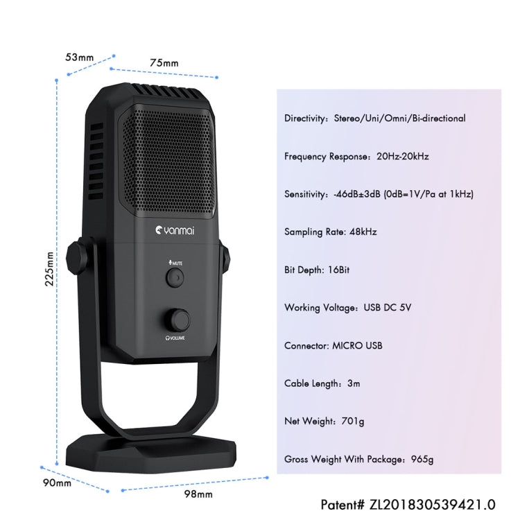 Yanmai SF-900 มัลติฟังก์ชั่นสี่ทิศทางสตูดิโอบันทึกคอนเดนเซอร์ไมโครโฟนพร้อมขาตั้งตั้งโต๊ะ