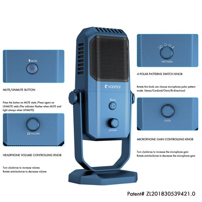 Yanmai SF-900 มัลติฟังก์ชั่นสี่ทิศทางสตูดิโอบันทึกคอนเดนเซอร์ไมโครโฟนพร้อมขาตั้งตั้งโต๊ะ