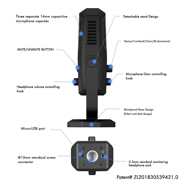Yanmai SF-900 มัลติฟังก์ชั่นสี่ทิศทางสตูดิโอบันทึกคอนเดนเซอร์ไมโครโฟนพร้อมขาตั้งตั้งโต๊ะ