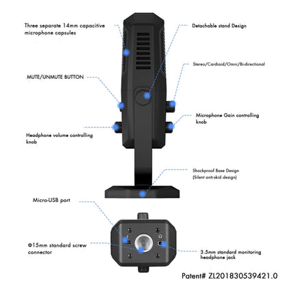Yanmai SF-900 มัลติฟังก์ชั่นสี่ทิศทางสตูดิโอบันทึกคอนเดนเซอร์ไมโครโฟนพร้อมขาตั้งตั้งโต๊ะ